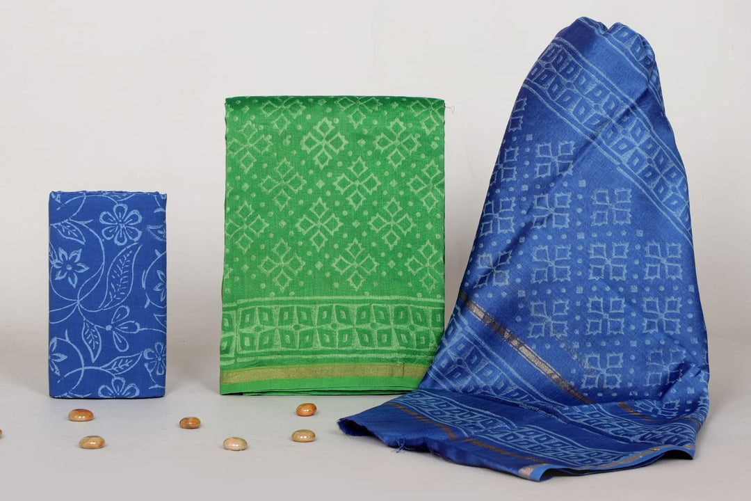 Pure Hand Block Chanderi Silk Unstitched Suit.