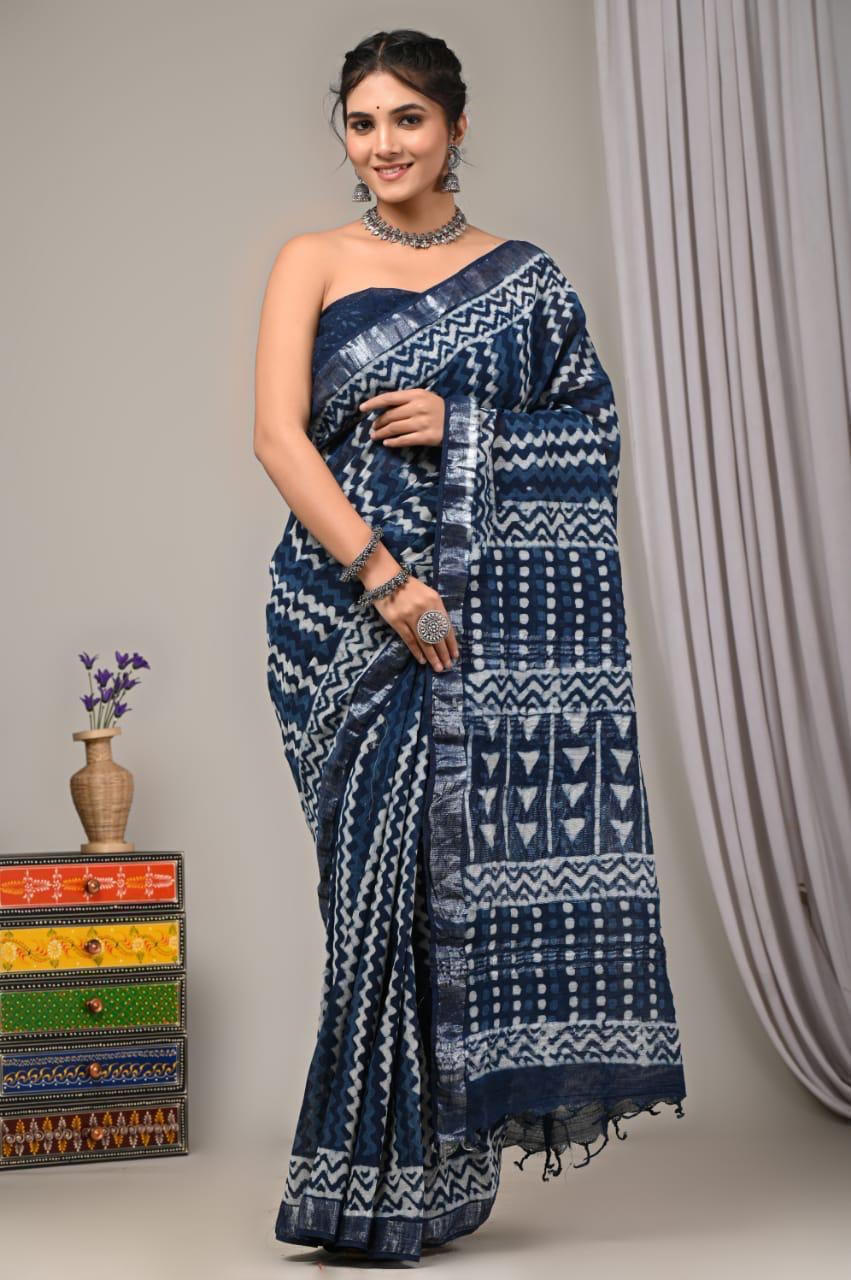 Hand Block Print Linen Saree with Blouse .