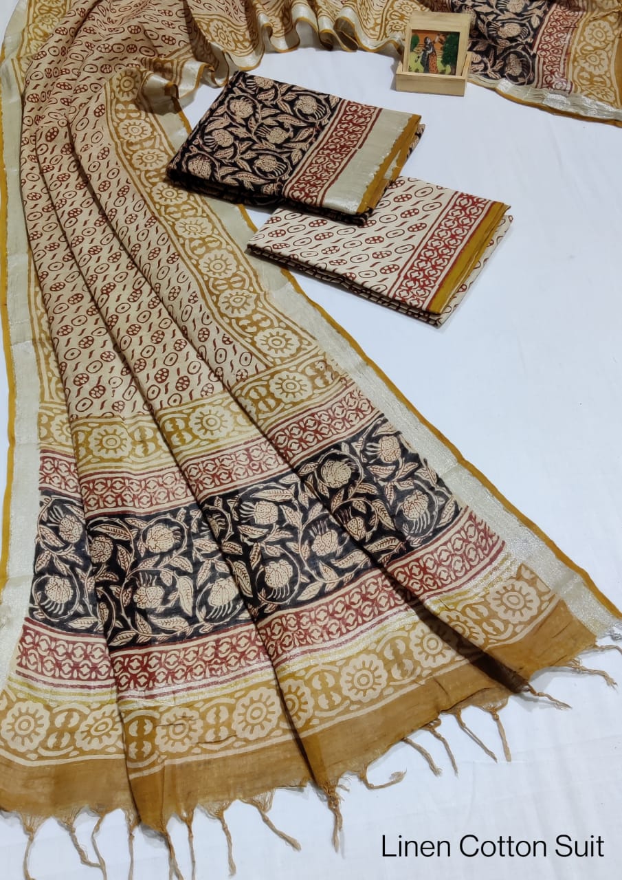Hand Block Printed Linen Unstitched Suit .