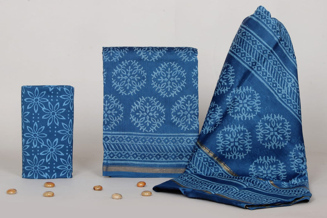 Pure Hand Block Chanderi Silk Unstitched Suit