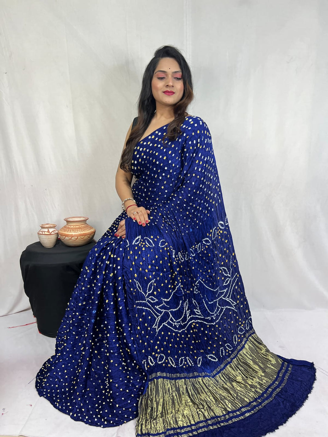 Pure Natural Dyeing Hand Block Bandhej Print Modal silk saree.