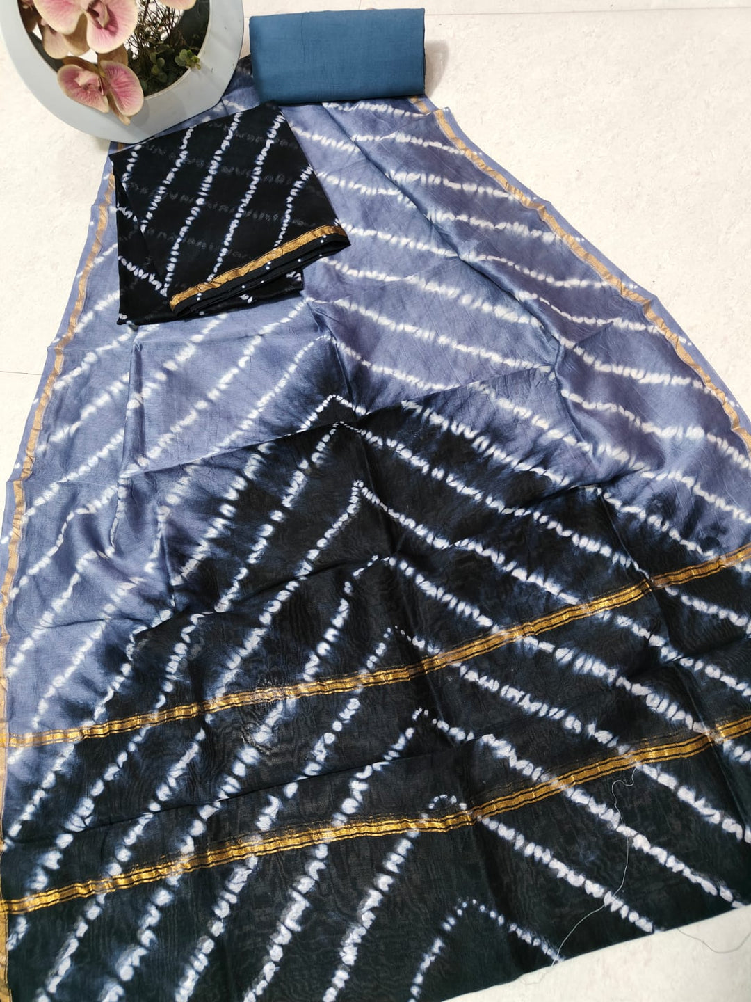 Pure Hand Block Chanderi Silk Unstitched Suit .
