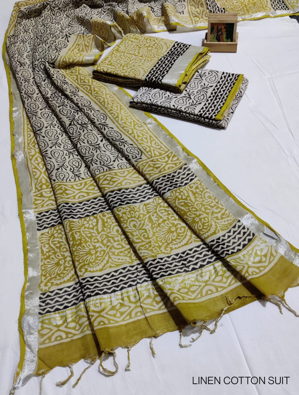 Hand Block Printed Linen Unstitched Suit .