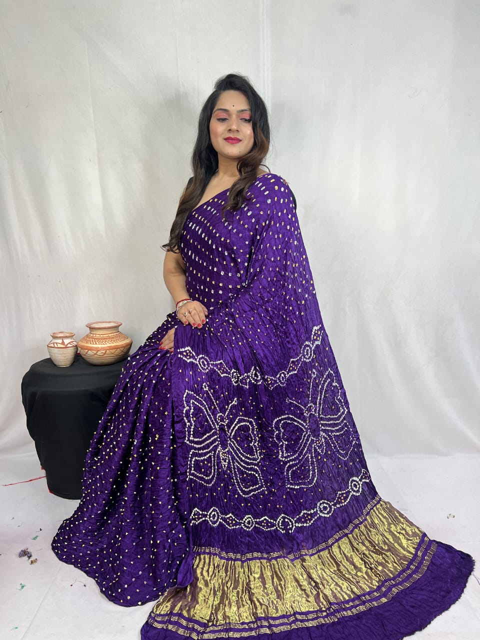 Pure Natural Dyeing Hand Block Bandhej Print Modal silk saree.