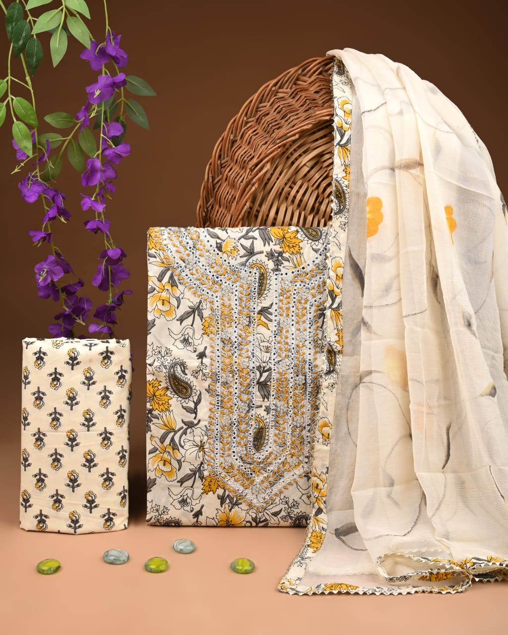 Pure Cotton Gotta patti Work unstitched Suit With Chiffon Dupatta.
