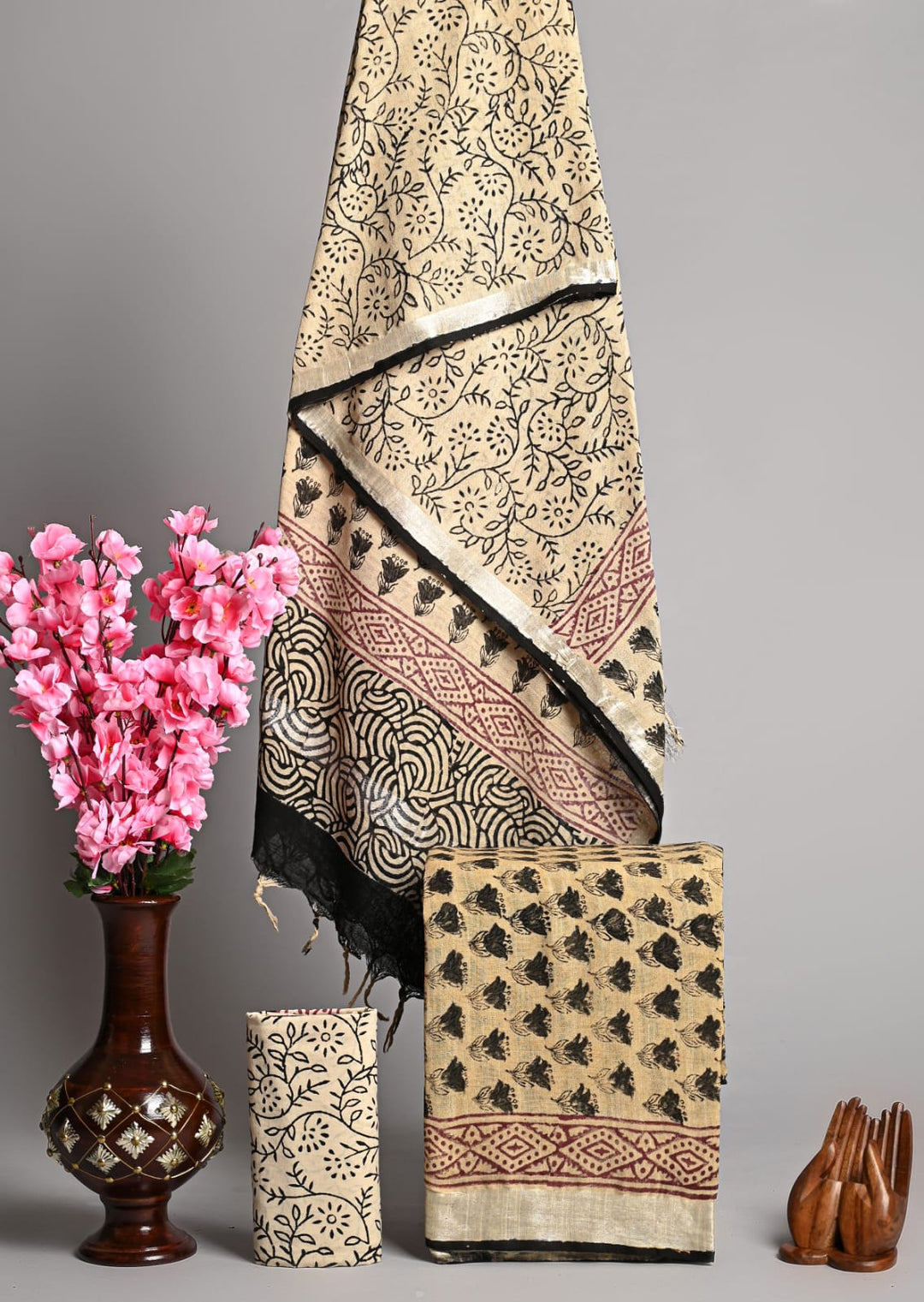 Hand Block Printed Linen Unstitched Suit .