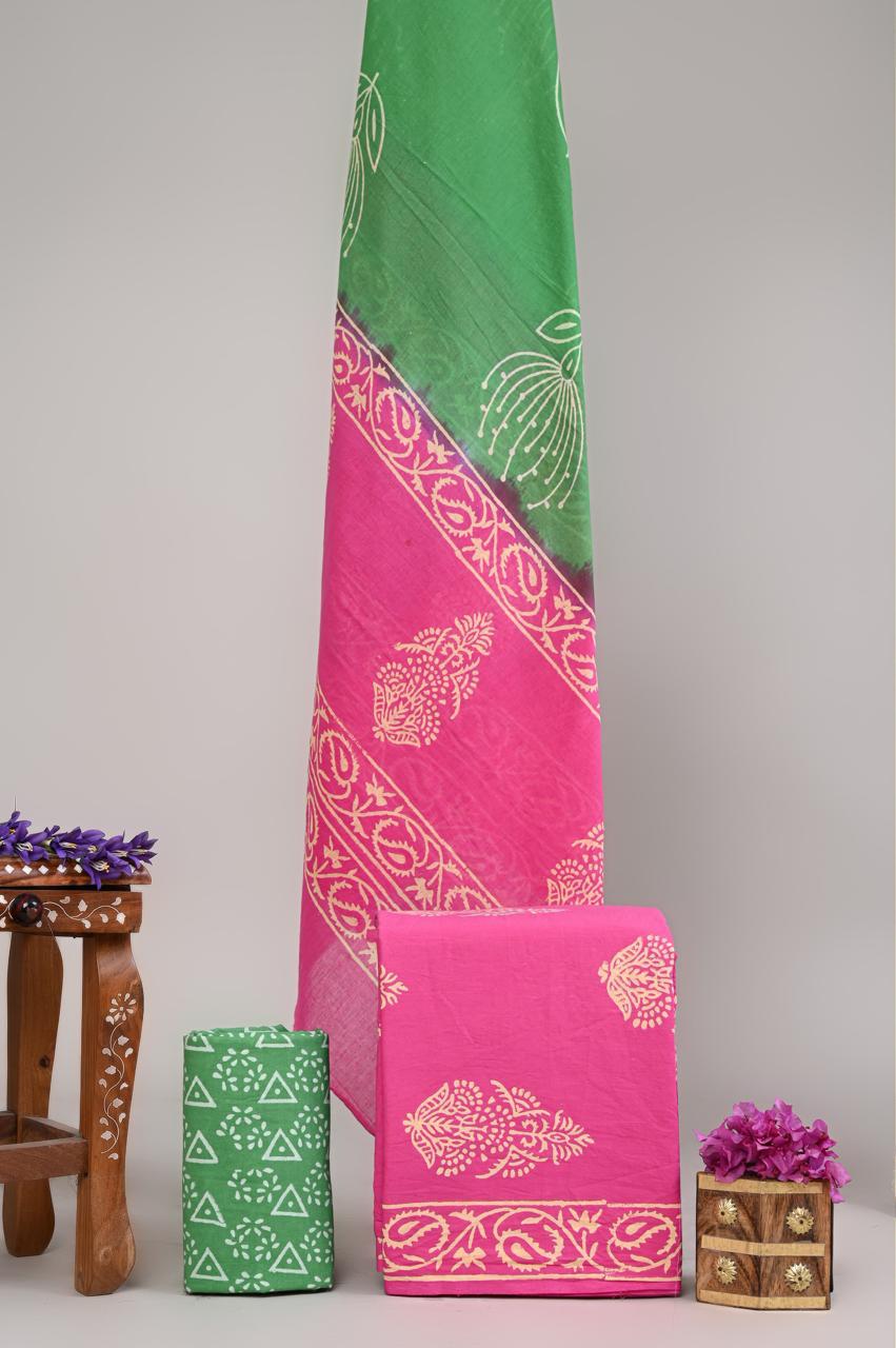 Pure Cotton Hand Block Printed Unstitched Suit Set With Cotton dupatta