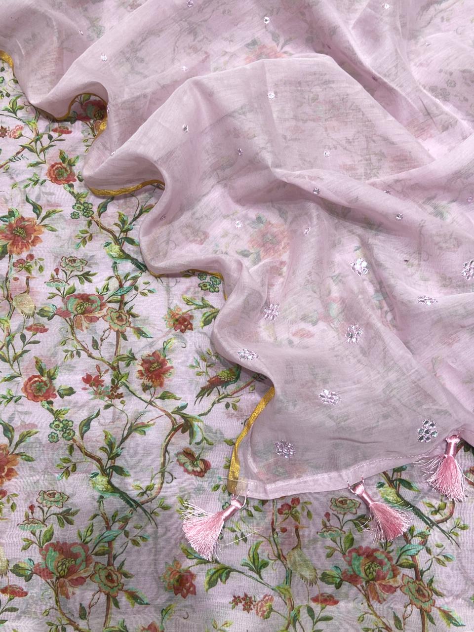 Pure Banarasi Resham Mul Chanderi Silk Digital Print Unstitched Suit .