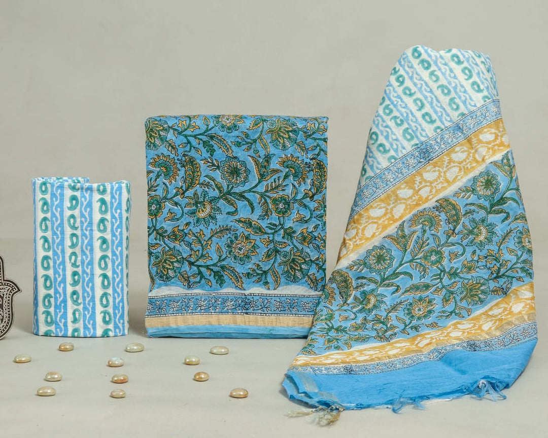 Pure Hand Block Chanderi Silk Unstitched Suit.