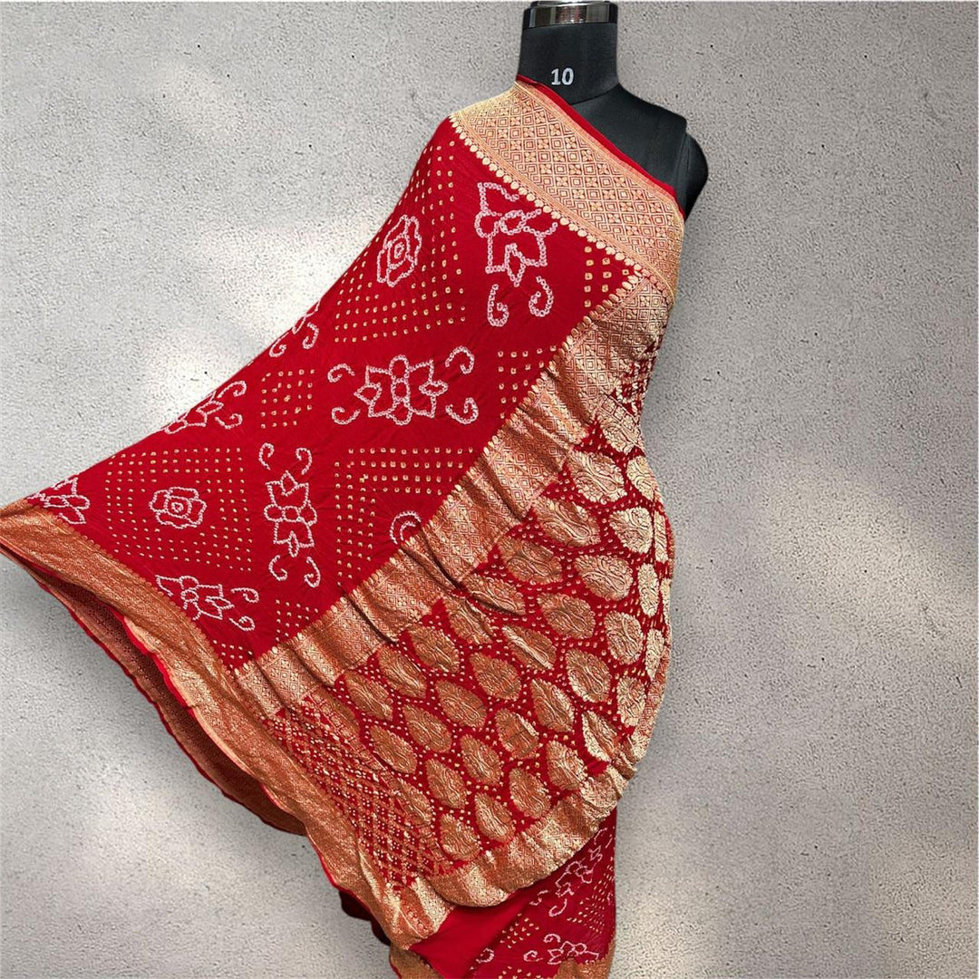 Pure Khaddi Georgette Handloom Neem Zari Work saree With Raiy Bandhej .