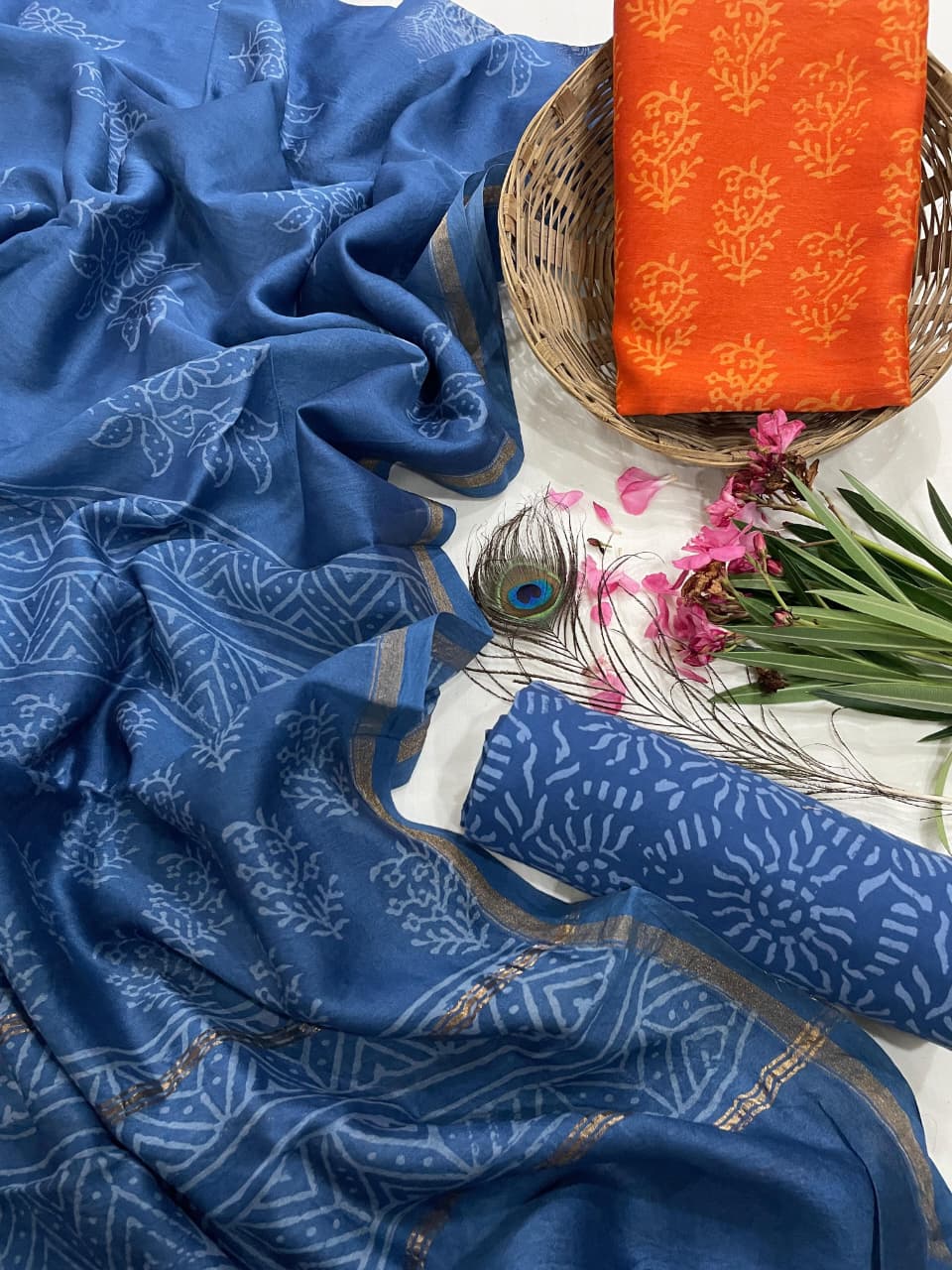 Pure Hand Block Chanderi Silk Unstitched Suit.