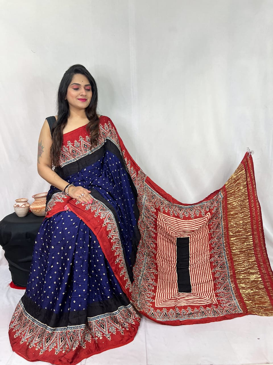 Pure Natural Dyeing Hand Block Bandhej Print Modal silk saree.