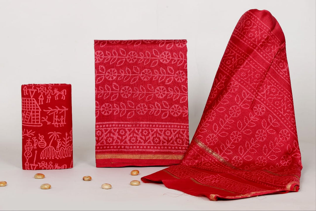 Pure Hand Block Chanderi Silk Unstitched Suit