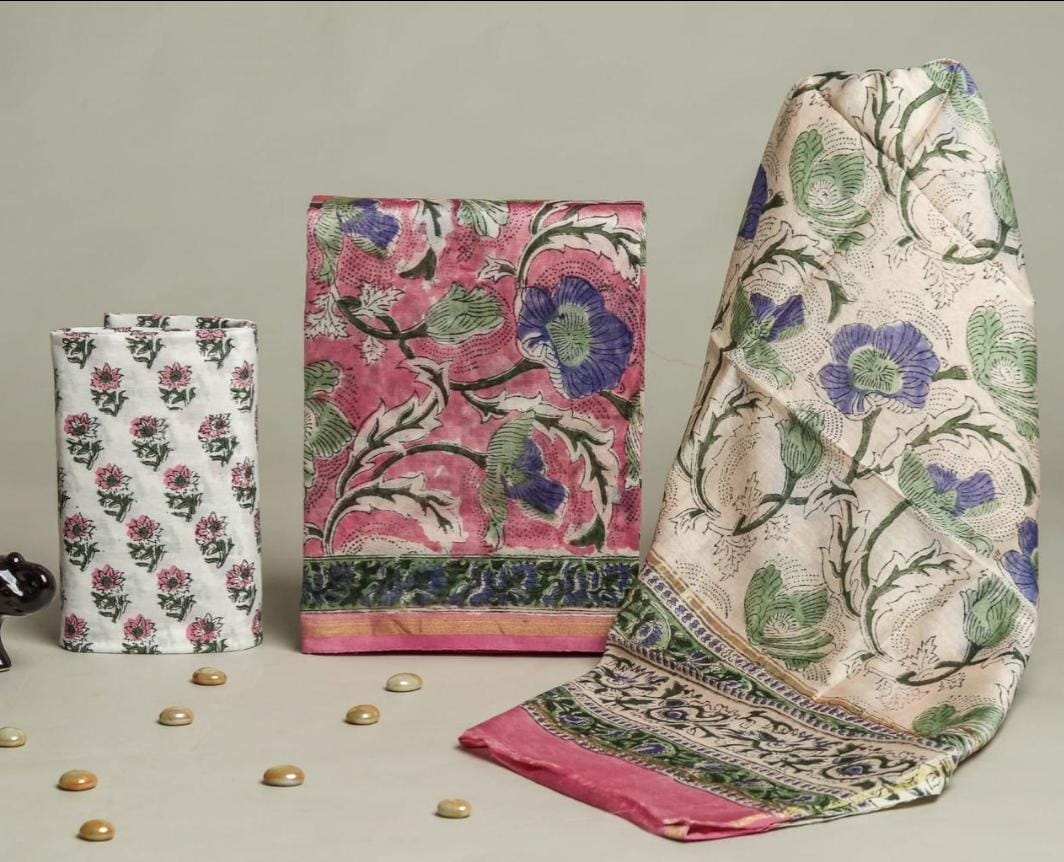 Pure Hand Block Chanderi Silk Unstitched Suit.