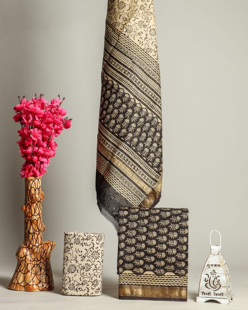 Pure Maheshwari Silk Hand block print Unstitched Suit.