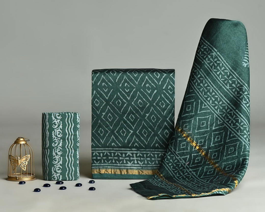 Pure Hand Block Chanderi Silk Unstitched Suit.