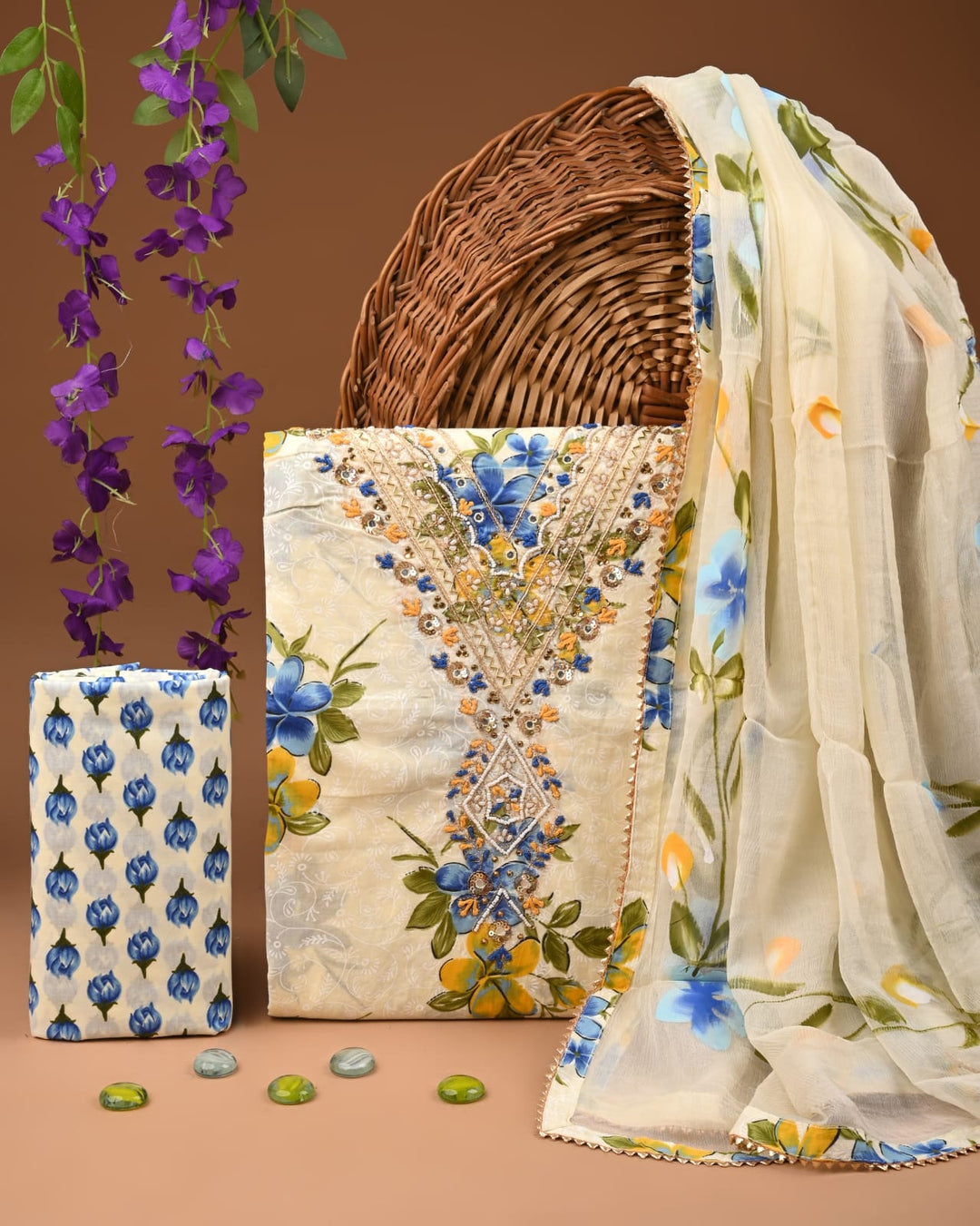 Pure Cotton Gotta patti Work unstitched Suit With Chiffon Dupatta.