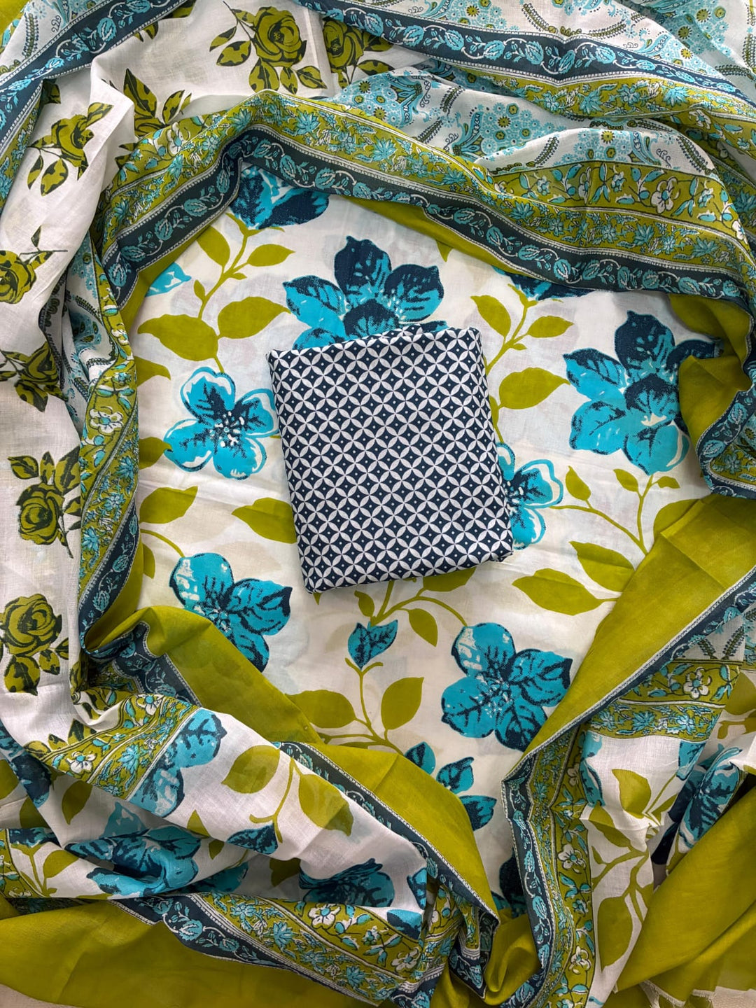 Pure Cotton Hand Block Print Unstitched Suit with Cotton Dupatta.