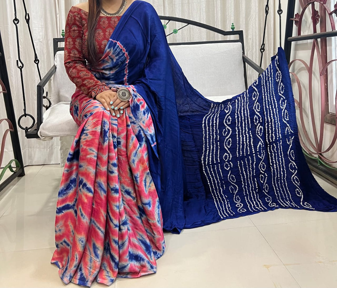 Pure Natural Dyeing Hand Block Tia&Diye Print Modal silk saree.