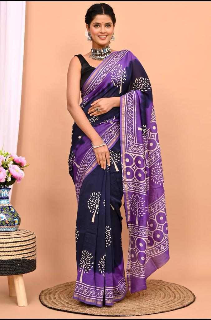 Hand Block Prninted Chanderi Saree .