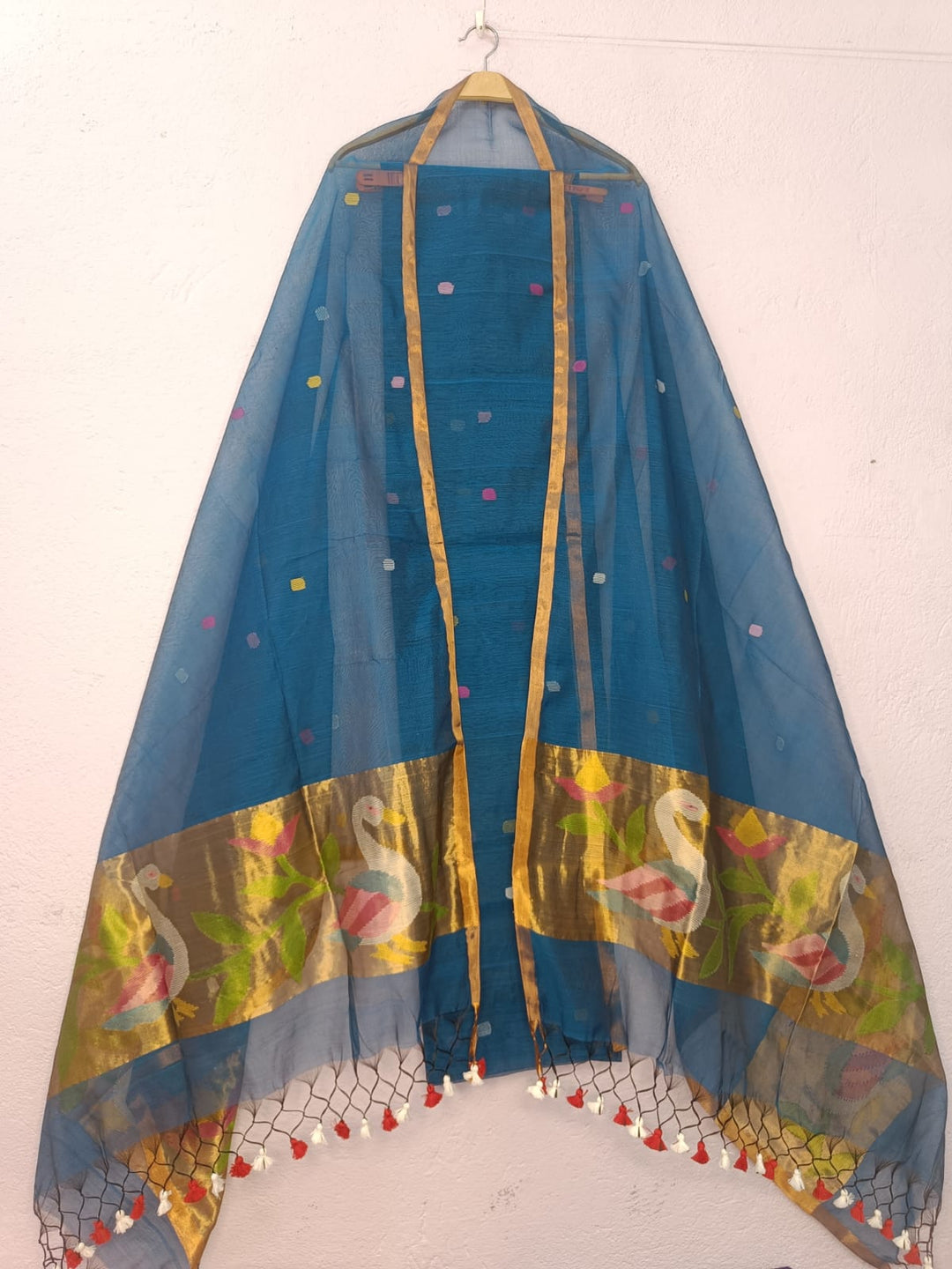 Pure Maslin Jamdani Weaved unstitched suit With Paithani Work .