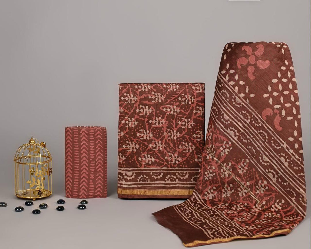 Pure Hand Block Chanderi Silk Unstitched Suit.