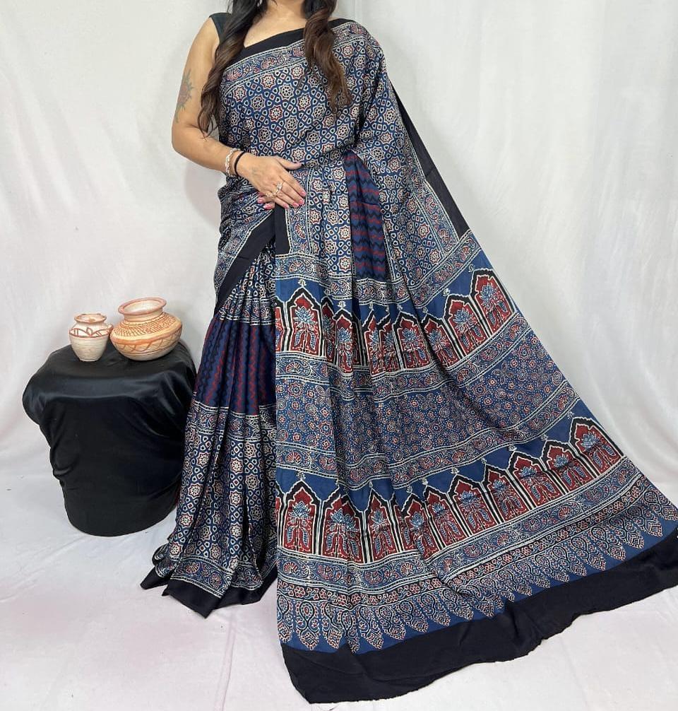 Pure Natural Dyeing Hand Block Ajrakh Print Modal silk saree.