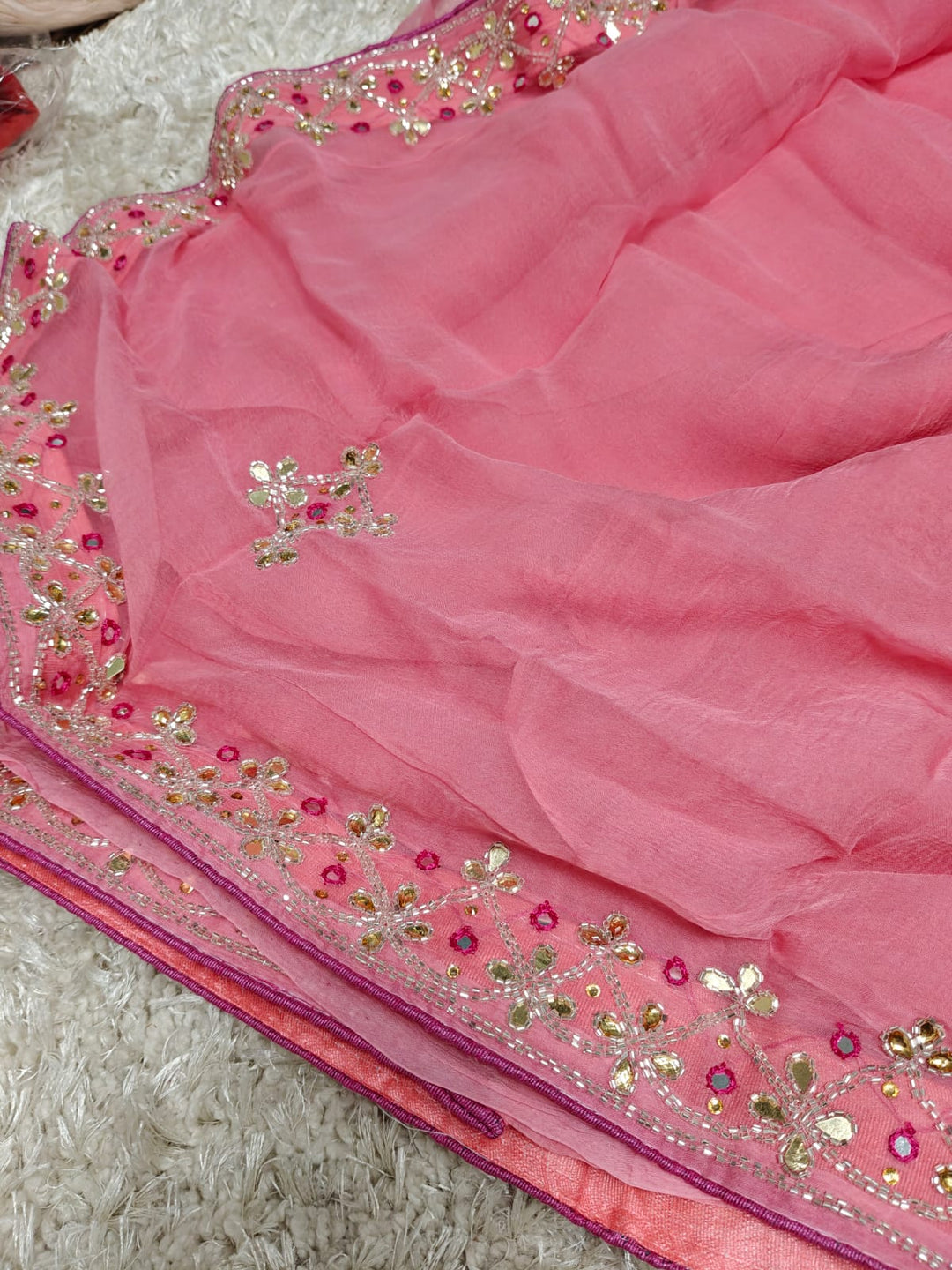 Pure chinon Jerkin work saree With Blouse.