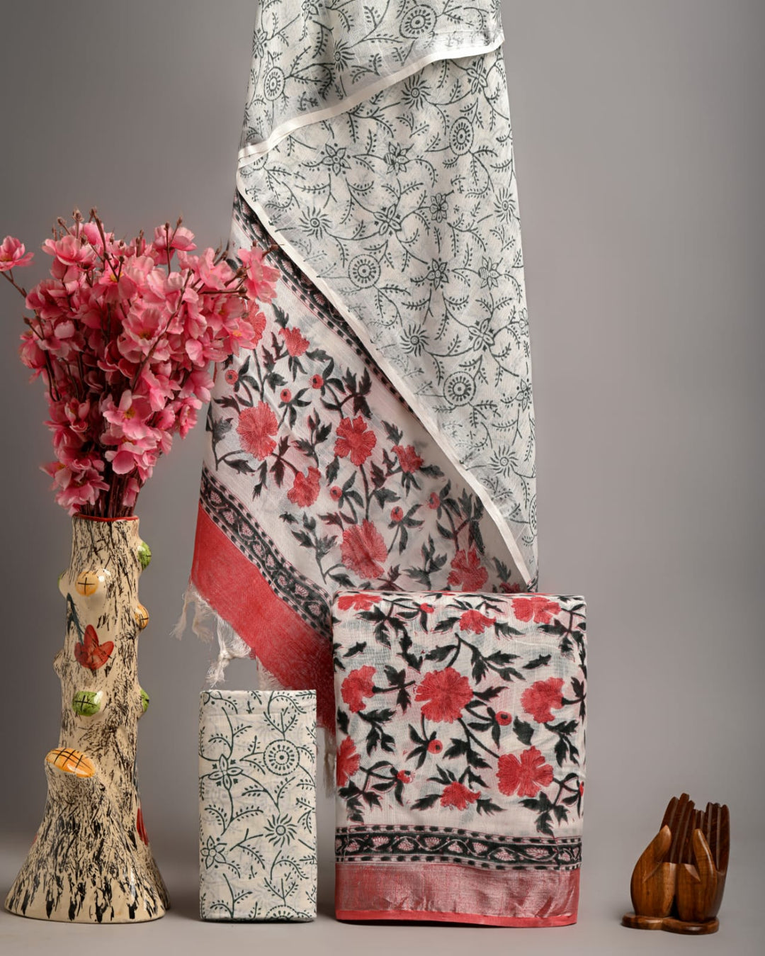 Hand Block Printed Linen Unstitched Suit .