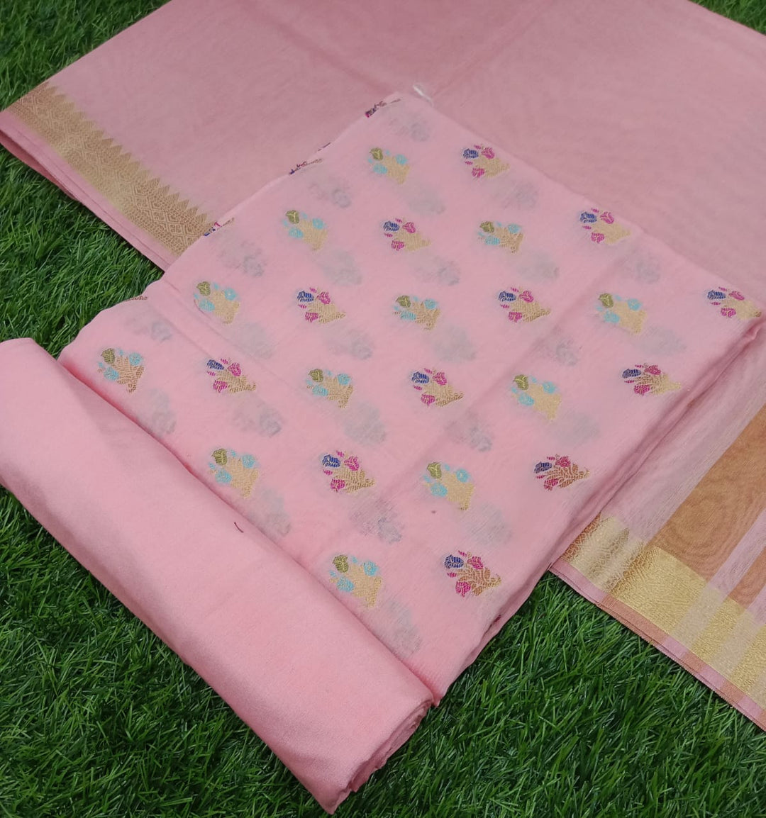 Pure Banarasi Cotton Silk Alfi Butti Work Unstitched Suit With Chanderi Zari Dupatta.