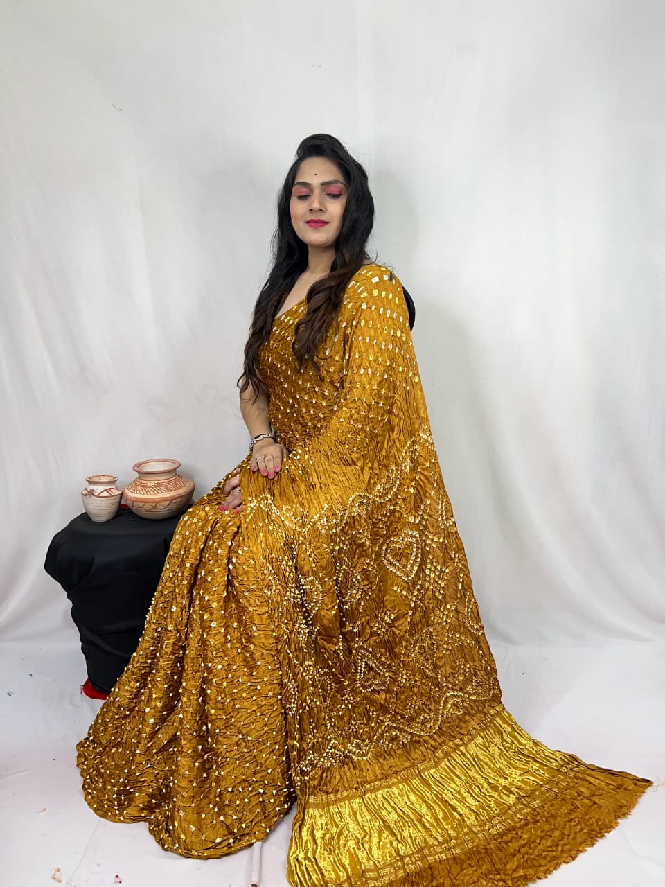 Pure Natural Dyeing Hand Block Bandhej Print Modal silk saree.