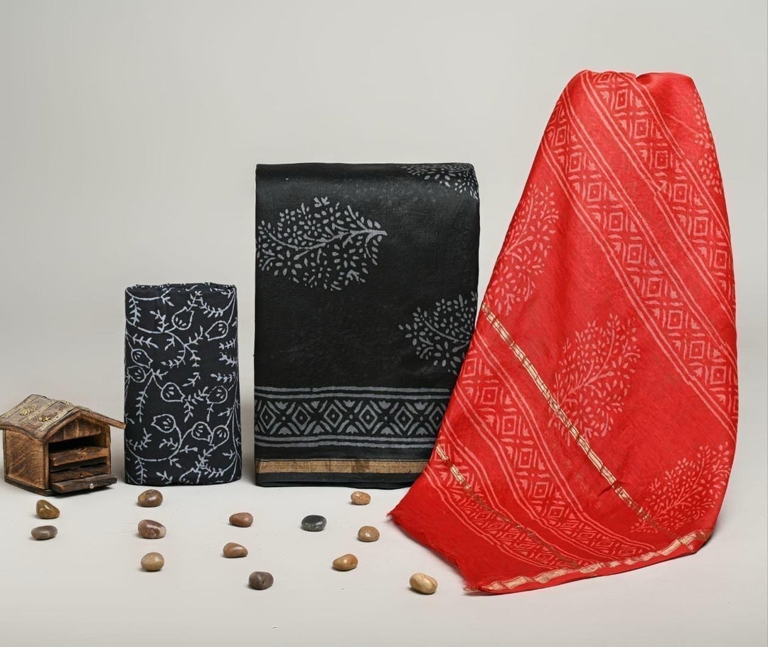 Pure Hand Block Chanderi Silk Unstitched Suit.