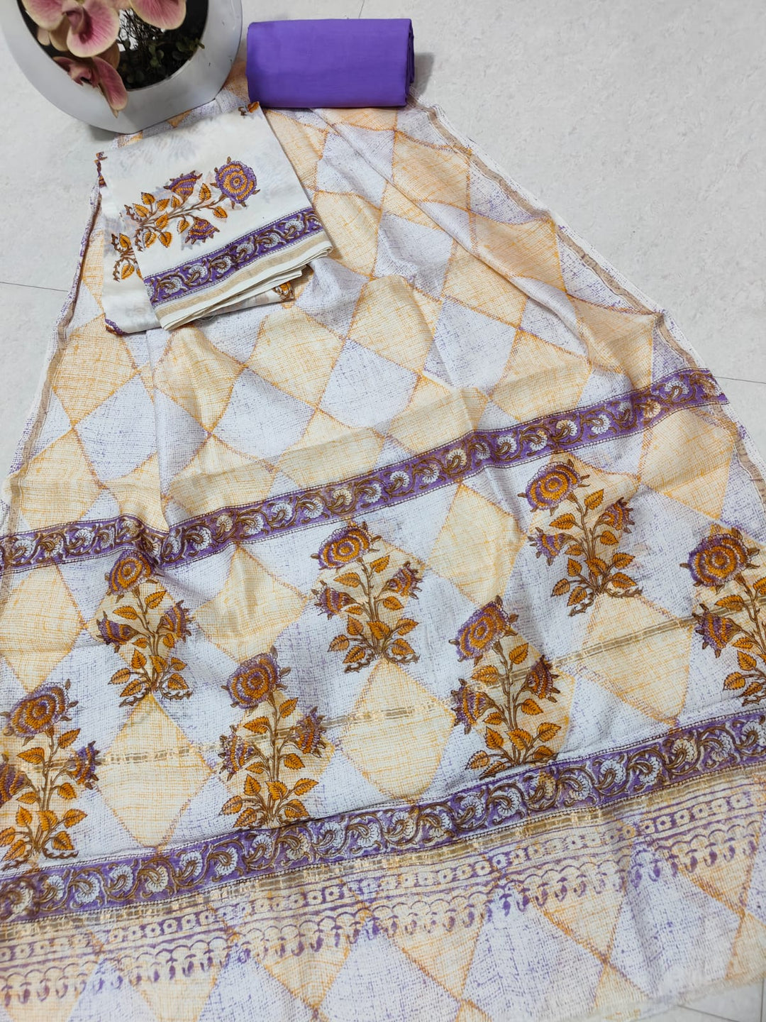 Pure Hand Block Chanderi Silk Unstitched Suit