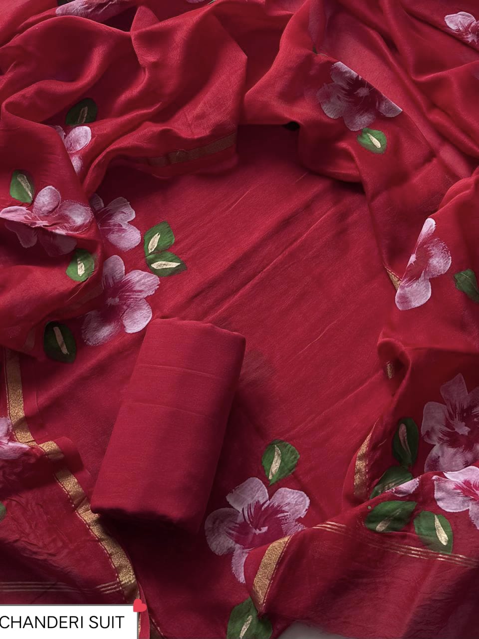 Pure Hand Block Chanderi Silk Unstitched Suit.