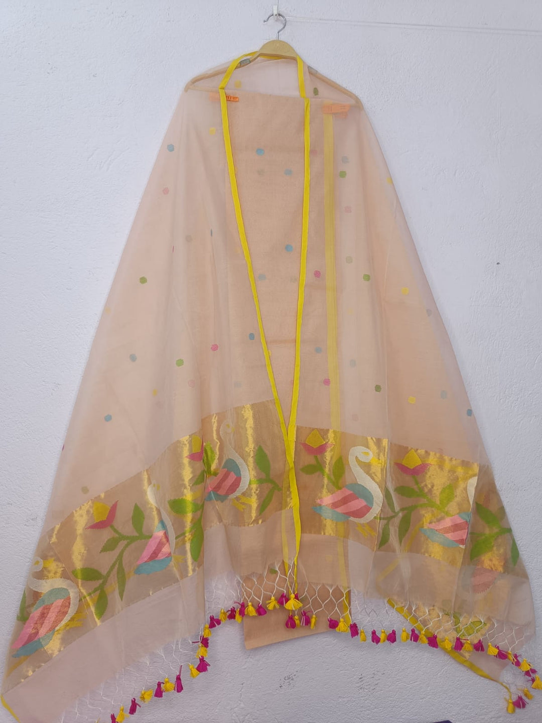 Pure Maslin Jamdani Weaved unstitched suit With Paithani Work .
