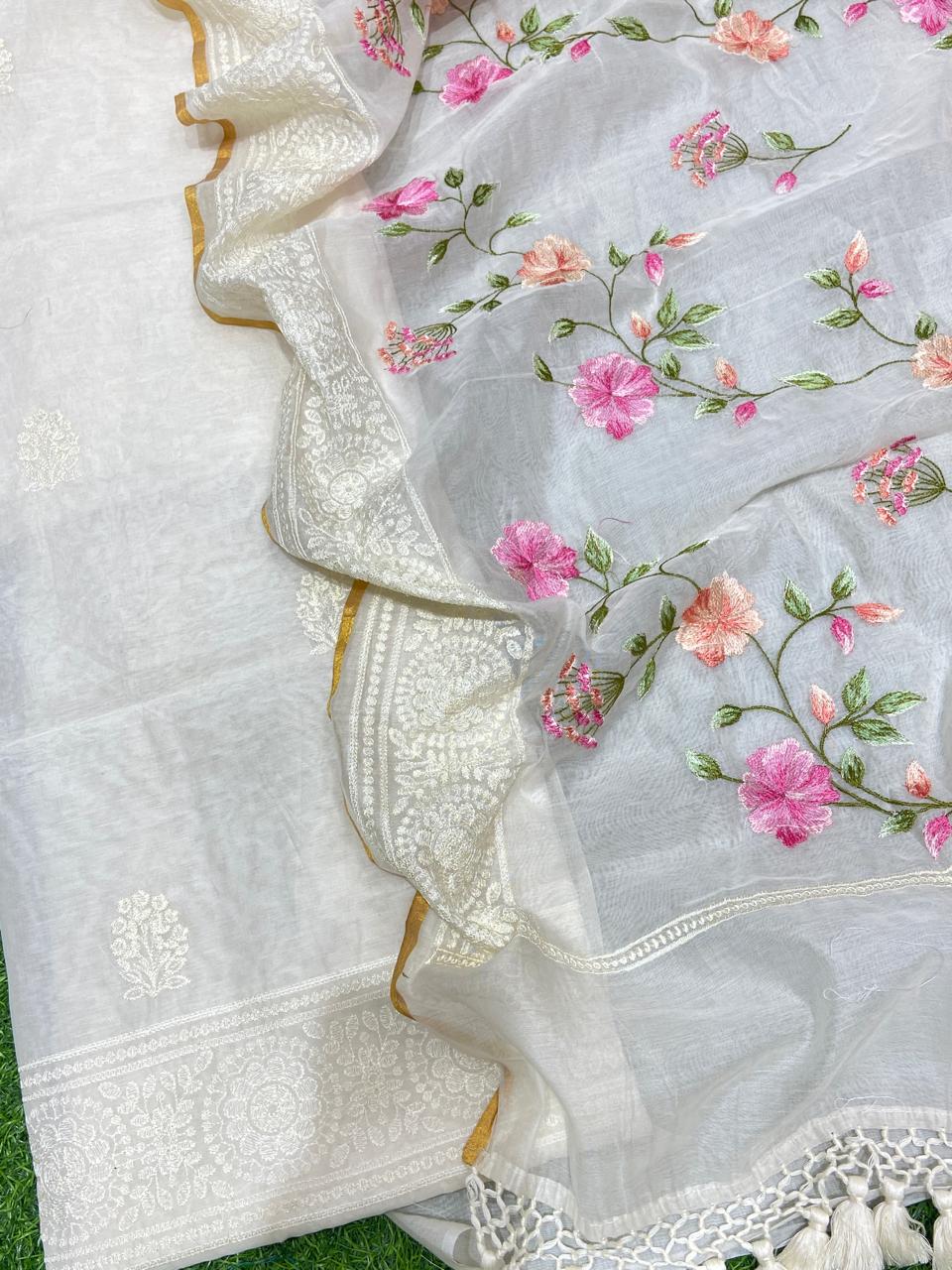 Pure Banarasi Resham Mul Chanderi Silk Embroidery Work Unstitched Suit.