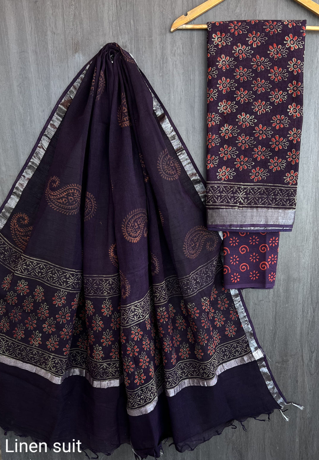 Hand Block Printed Linen Unstitched Suit .
