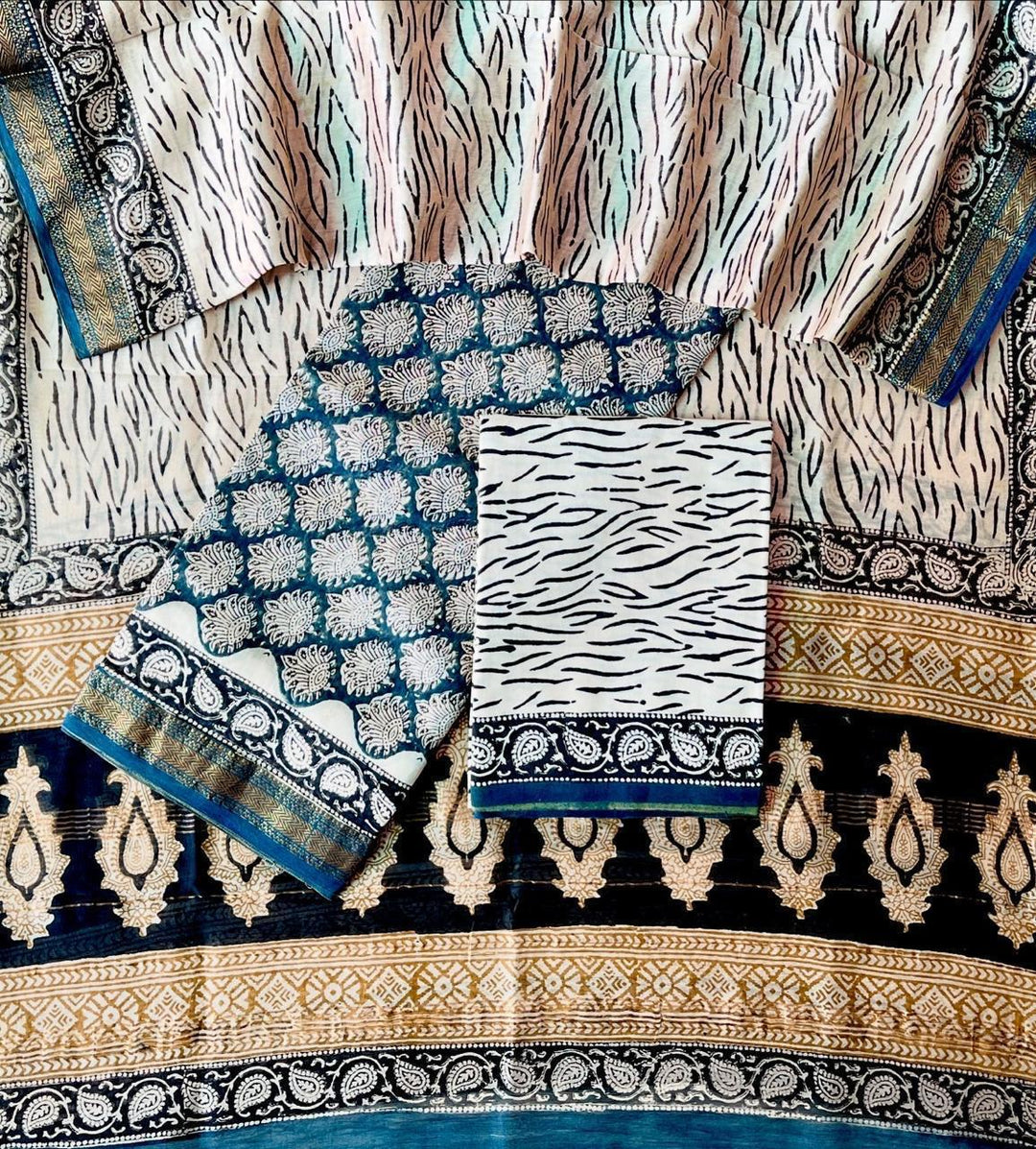 Pure Maheshwari Silk Hand block print Unstitched Suit.