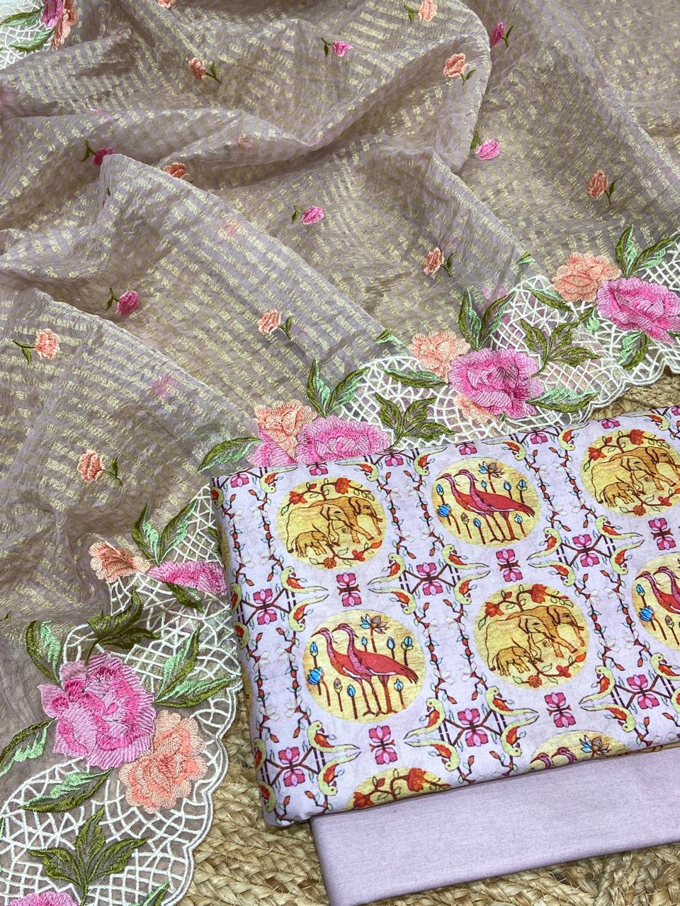 Pure Banarasi Resham Chanderi Silk Digital Print Unstitched Suit With Pure Tisshu Resham Work Dupatta.
