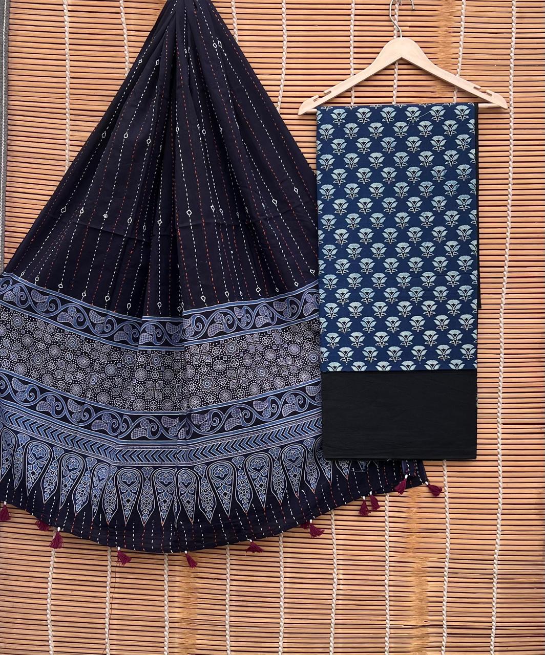 Pure Cotton Azrakh Print Unstitched suit Whit Kantha Work Dupatta.