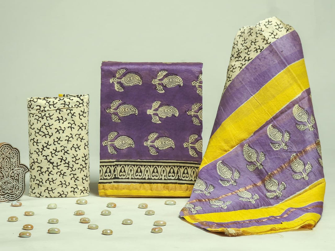 Pure Hand Block Chanderi Silk Unstitched Suit.