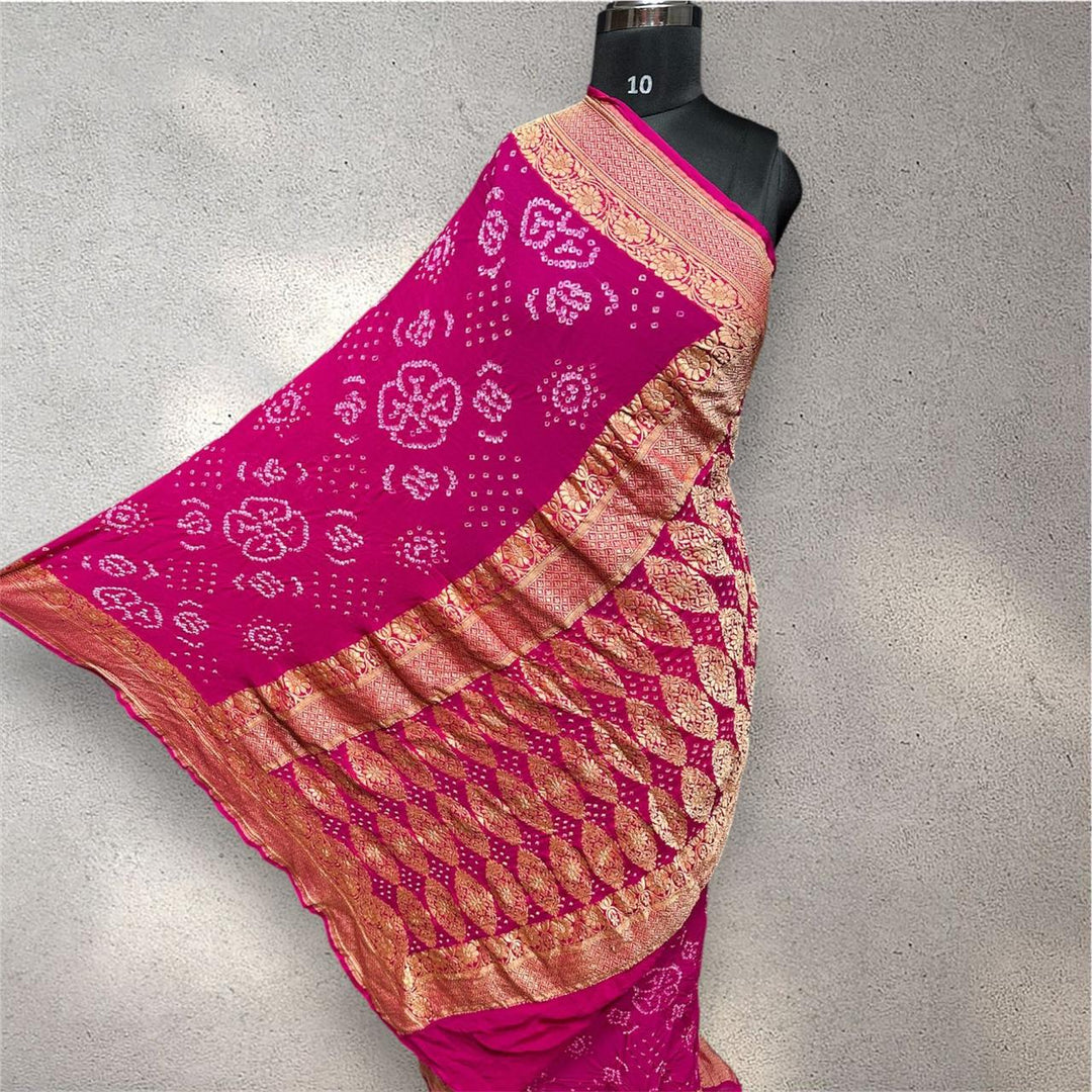 Pure Khaddi Georgette Handloom Neem Zari Work saree With Raiy Bandhej .