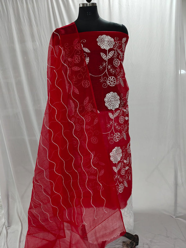 Pure Cotton Kota Doriya Embroidery Unstitched Suit With Dupatta