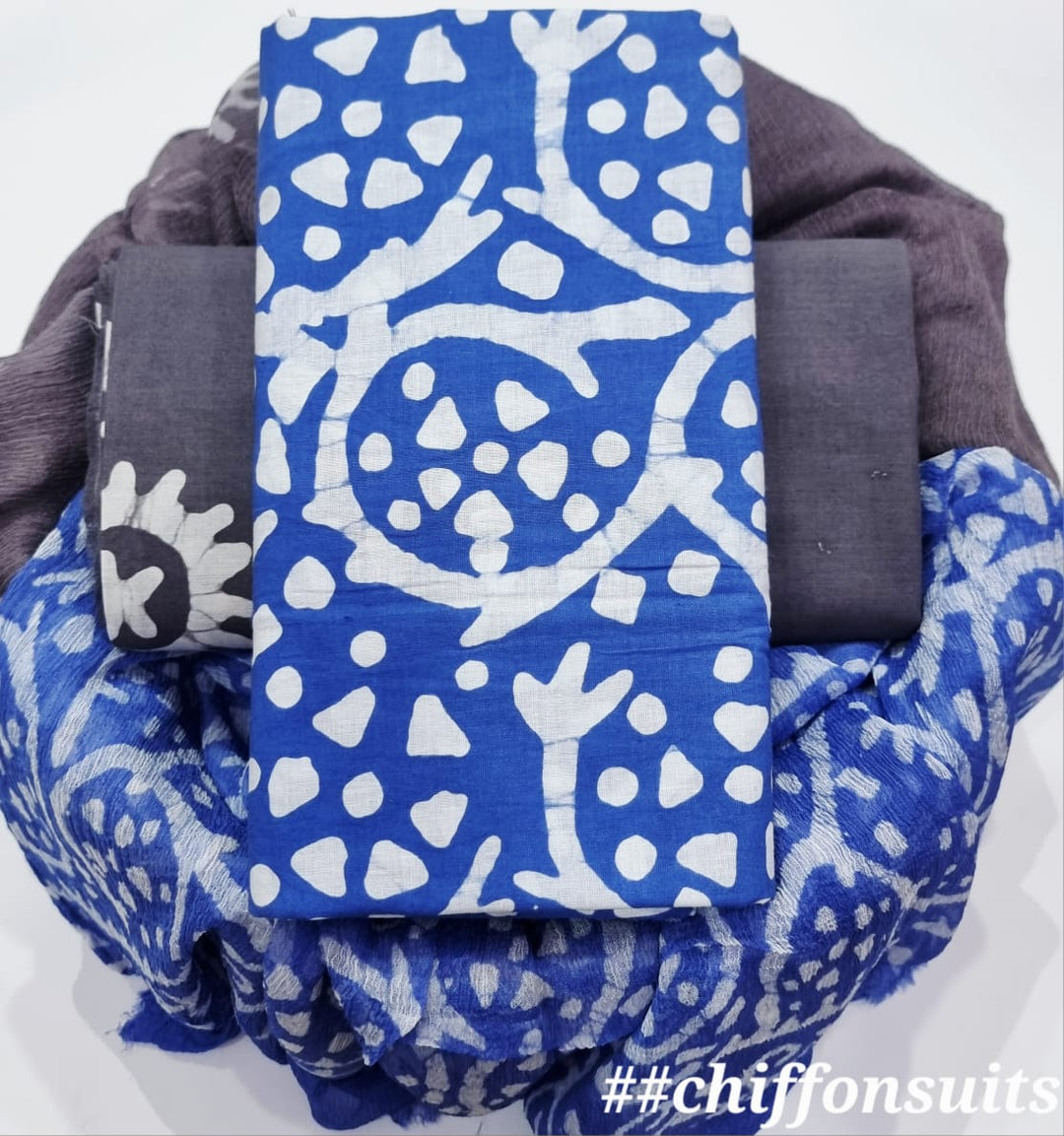 Pure Cotton Hand Block Print Unstitched Suit with chiffon dupatta