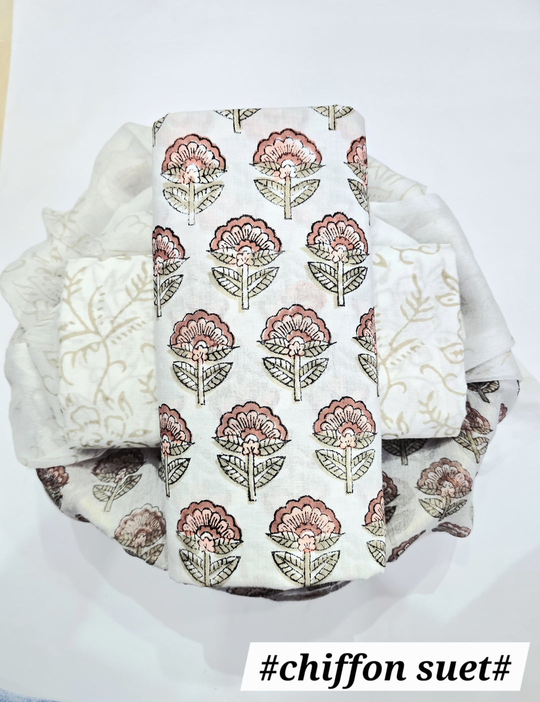 Pure Cotton Hand Block Print Unstitched Suit with chiffon dupatta .