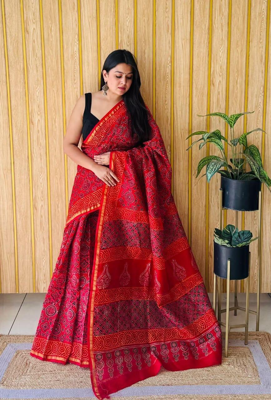 Hand Block Prninted Chanderi Saree .