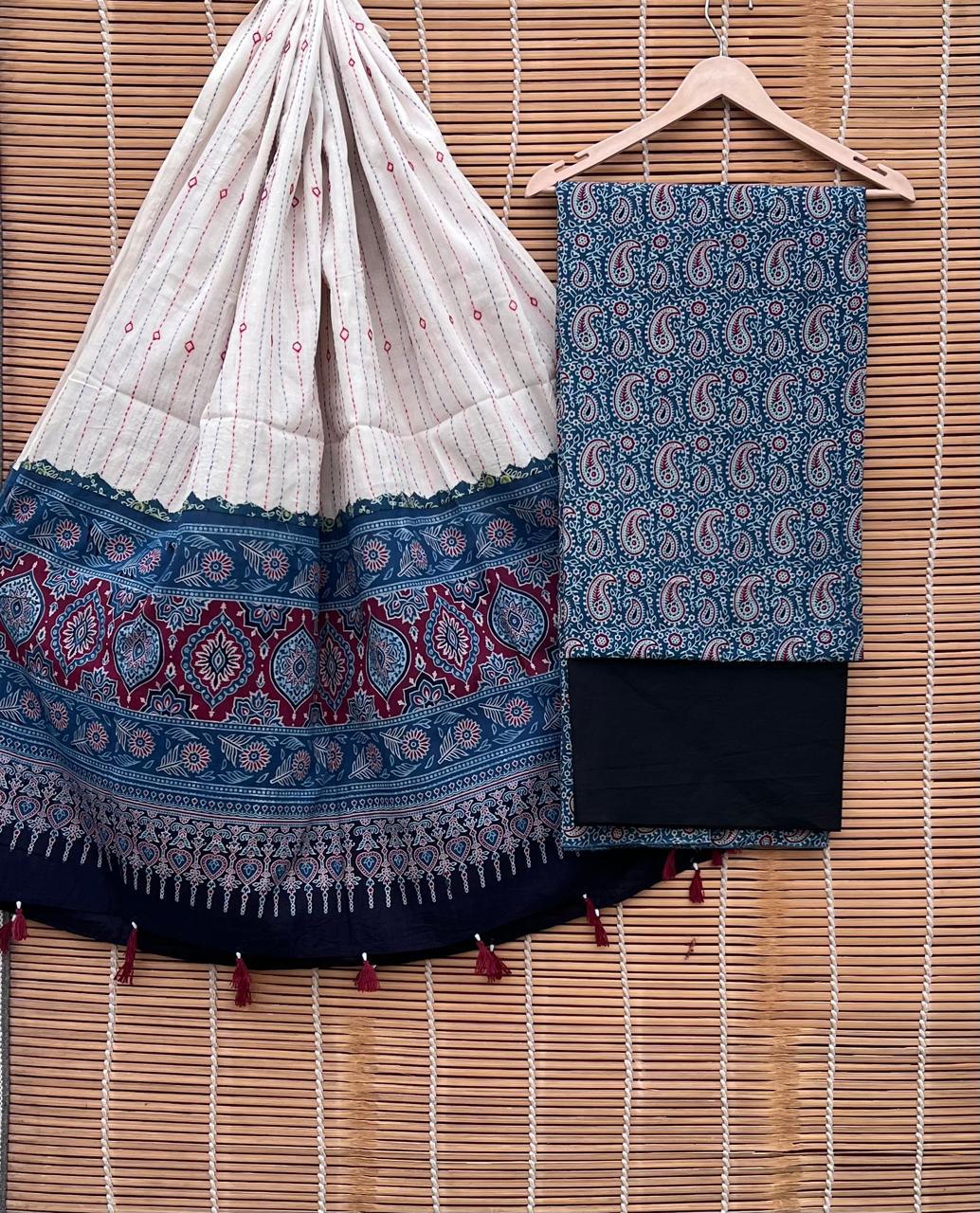 Pure Cotton Azrakh Print Unstitched suit Whit Kantha Work Dupatta.