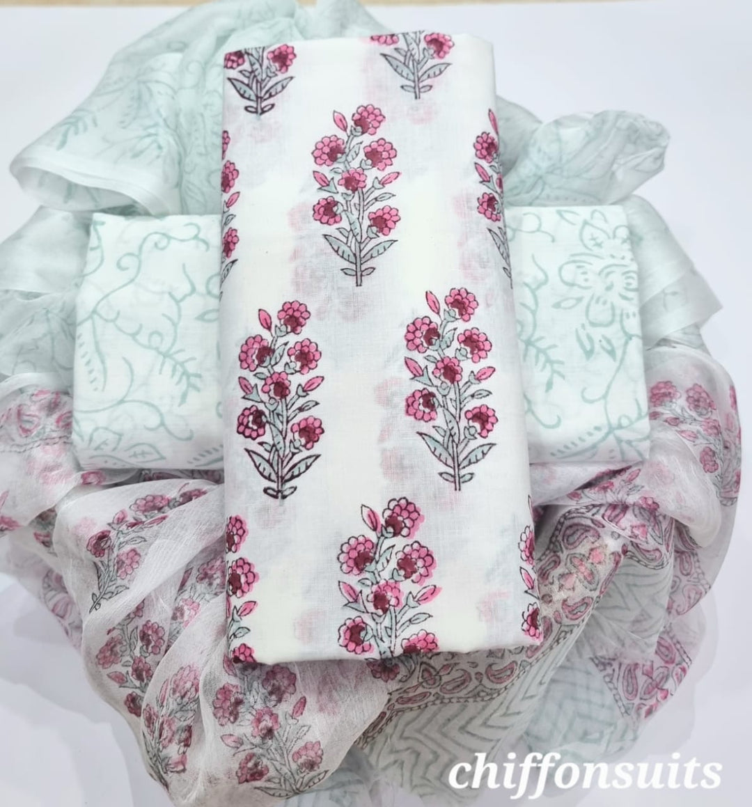 Pure Cotton Hand Block Print Unstitched Suit with chiffon dupatta