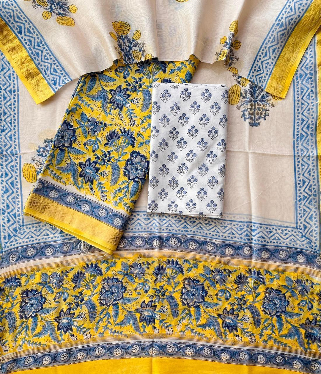Pure Maheshwari Silk Hand block print Unstitched Suit.