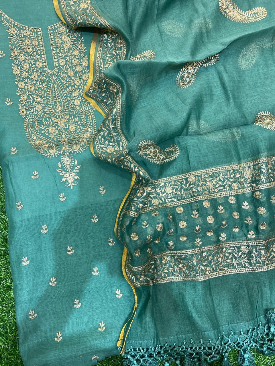 Pure Banarasi Resham Mal Chanderi Silk Zari Unstitched Suit with Beautiful Neck Embroidery.